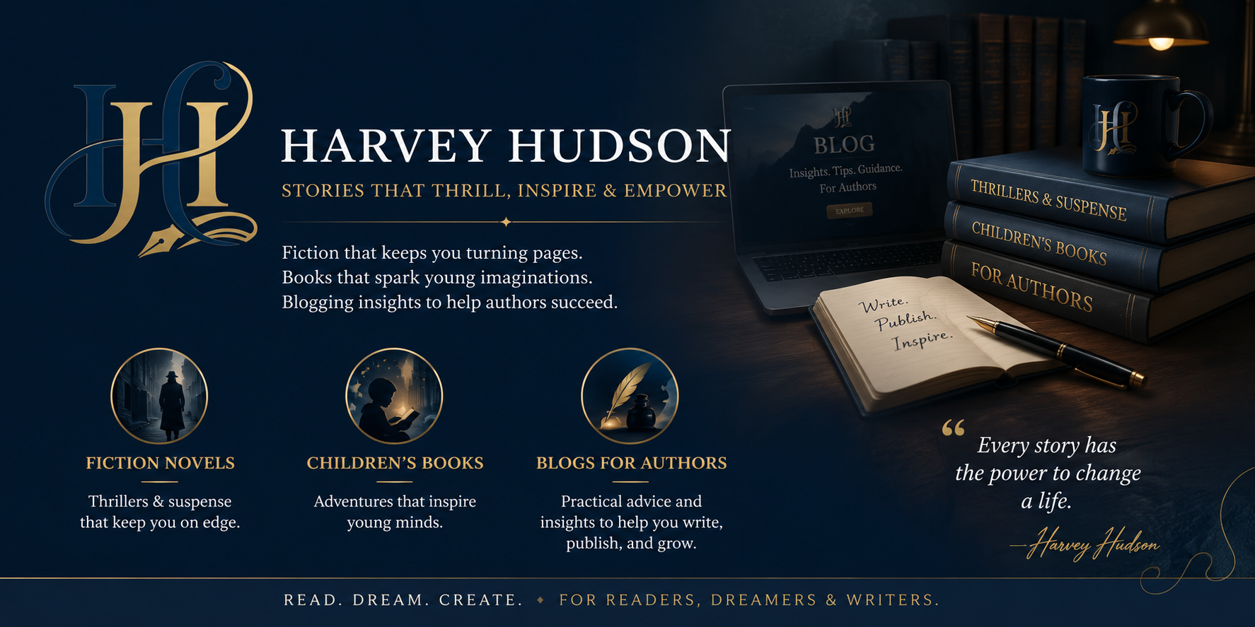 Promotional graphic for Harvey Hudson with books, a laptop, and a quote on a dark background.